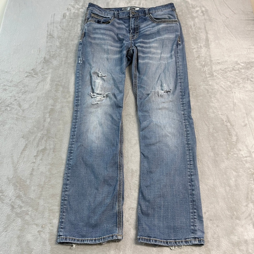BKE Derek Bootleg Mens Jeans Blue Distressed Medium Wash 32L Western Faded Denim